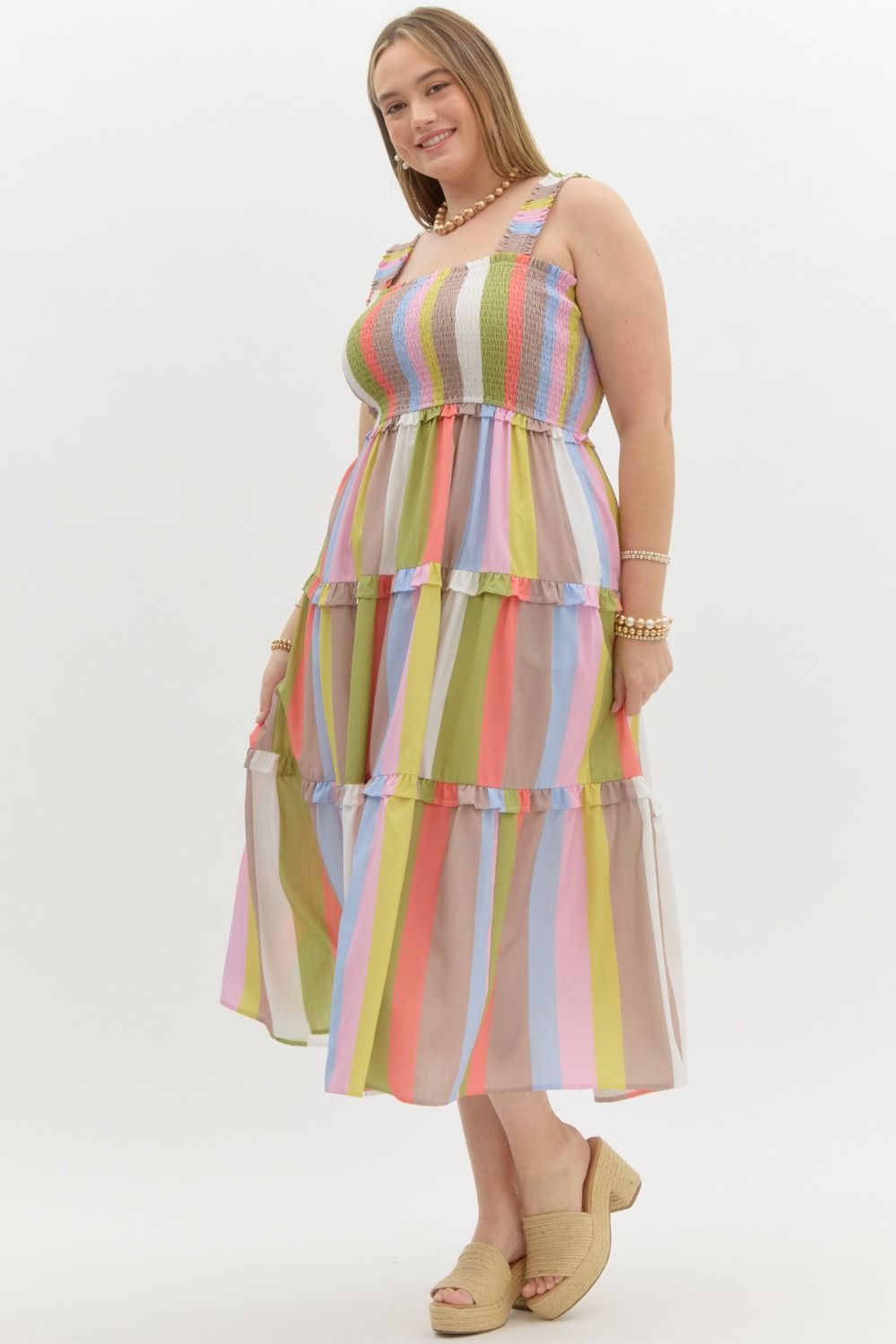 Entro Plus Mocha multicolor striped sleeveless ruffle tiered midi dress