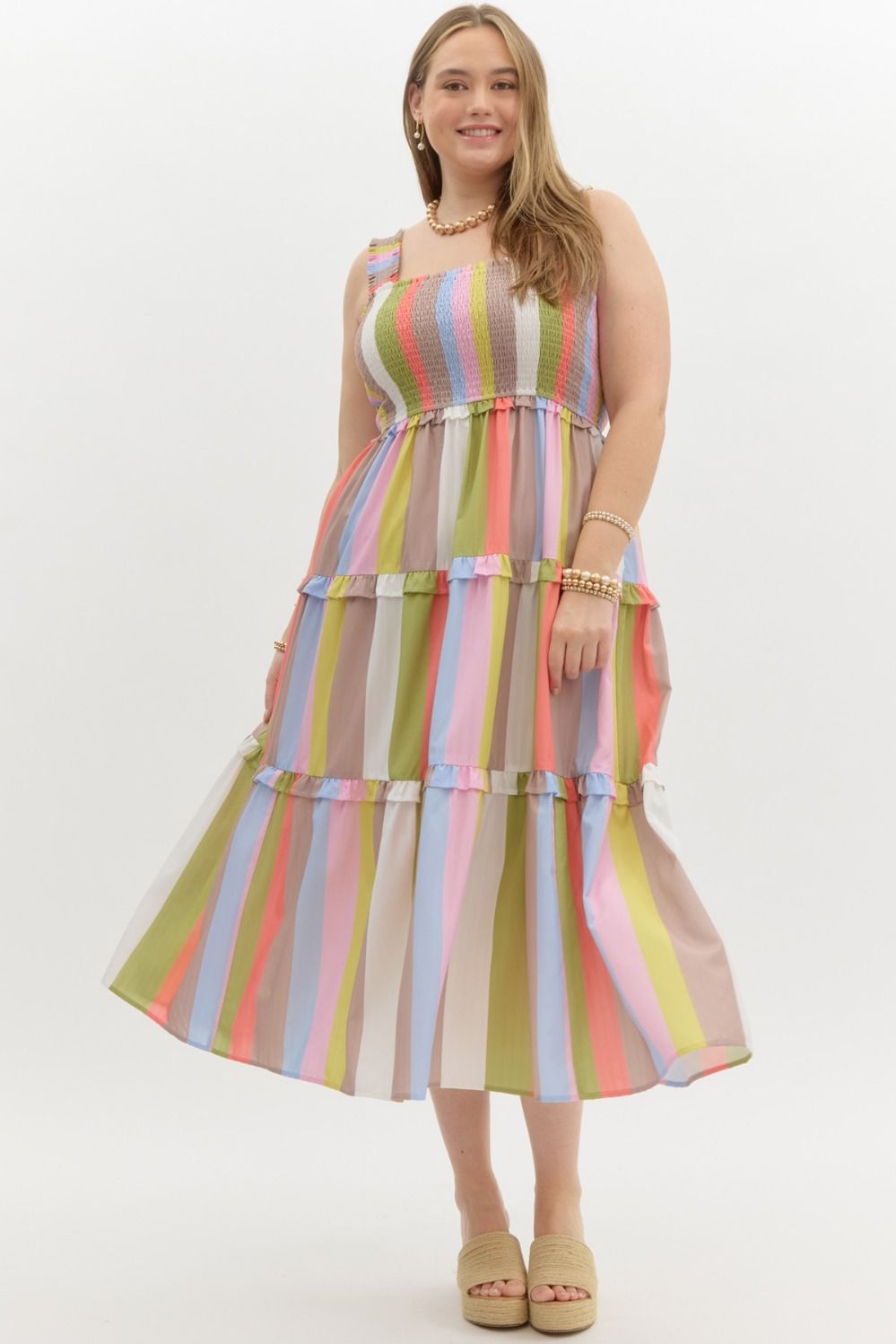 Entro Plus Mocha multicolor striped sleeveless ruffle tiered midi dress