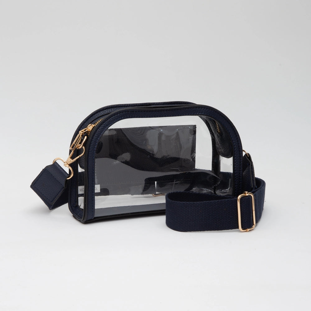 Cear and navy stadium crossbody purse.