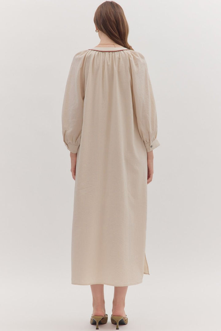 back angle of women's ecru and midi dress