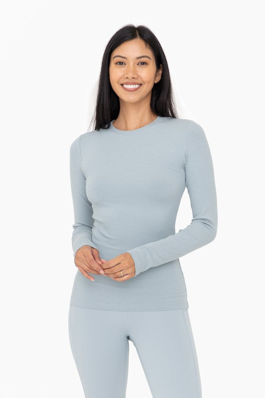 Mono B Essential long sleeve micro-ribbed athleisure top in smoky blue