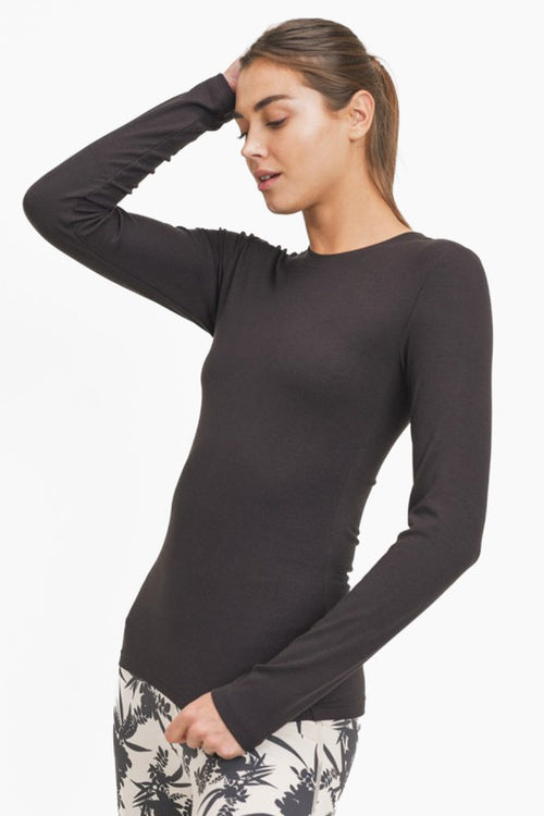 Mono B Essential long sleeve micro-ribbed athleisure top in black