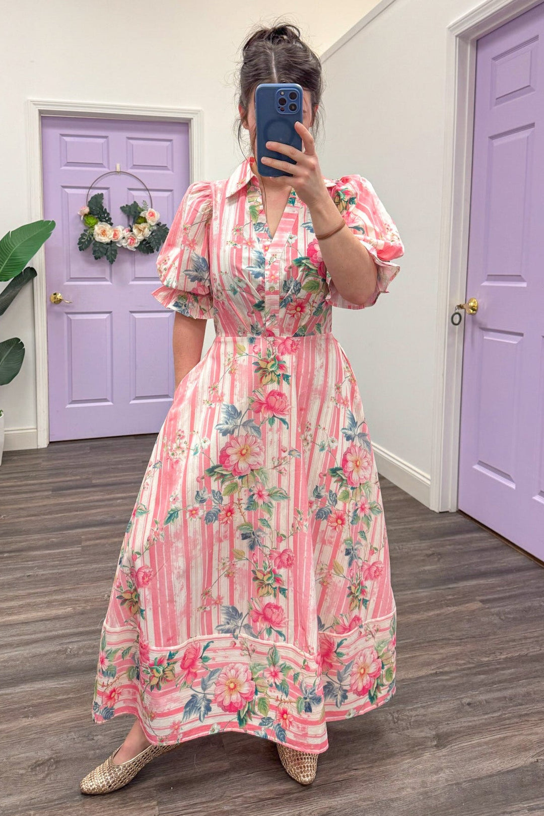 pink purple stripe dress Petal and Pup Women's Evelin Midi Dress