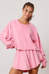 Peach Love California Pink terry knit pullover cropped sweatshirt with beaded pearl sleeves