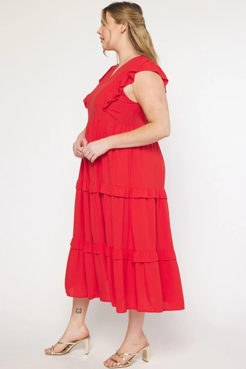 Red tiered midi dress for vacation