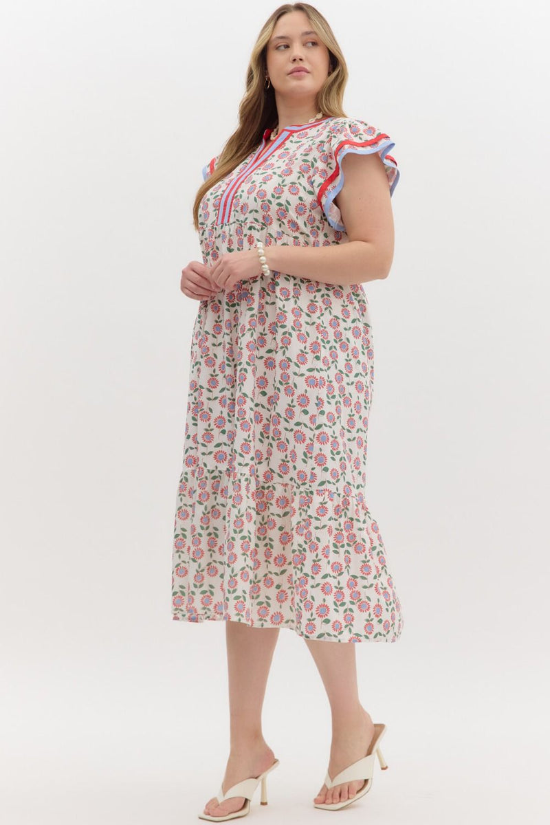Women's plus size red and blue floral midi dress