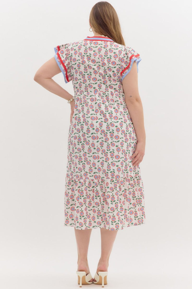 Women's plus size red and blue floral midi dress