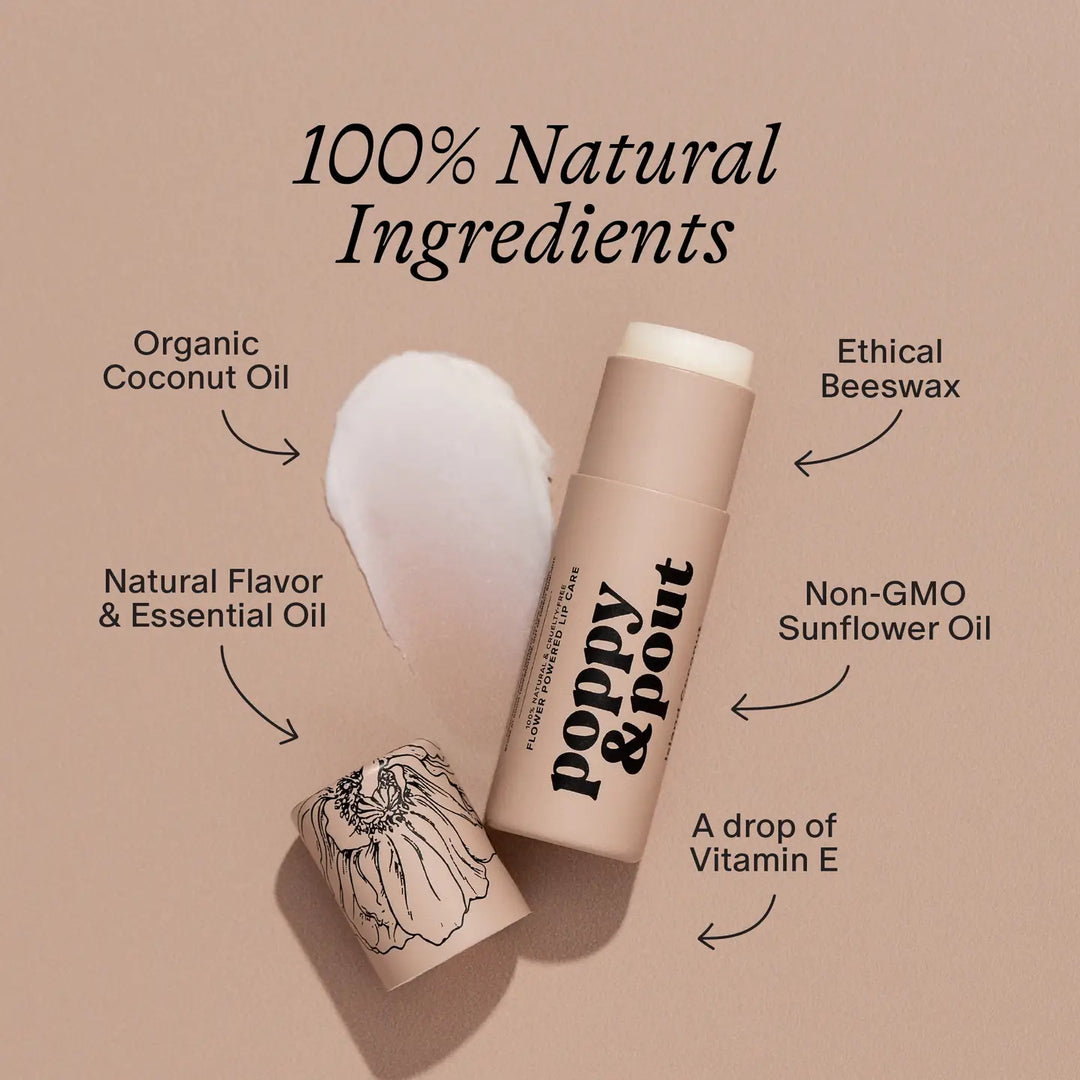  poppy & pout lip balm and list of natural ingredients 