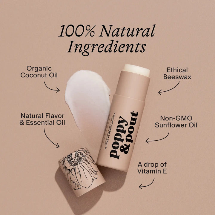  poppy & pout lip balm and list of natural ingredients 