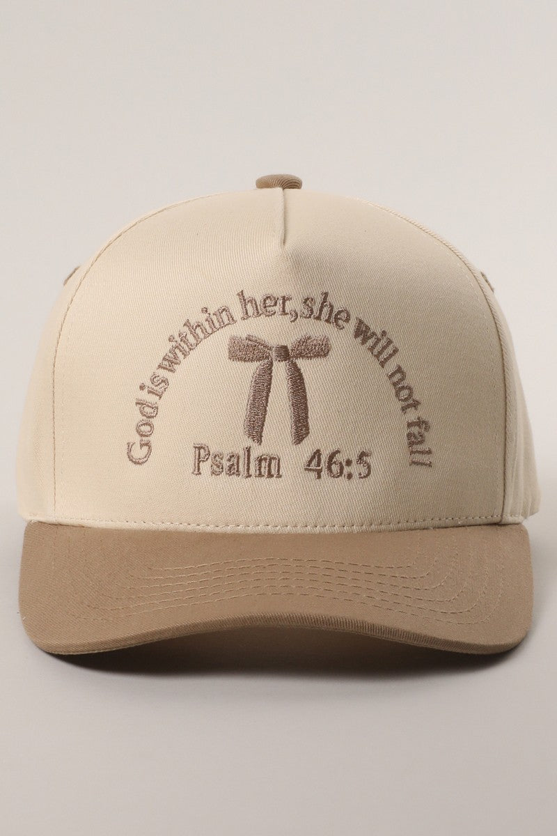 Women's trucker hat with Psalm 46:5 embroidered on front