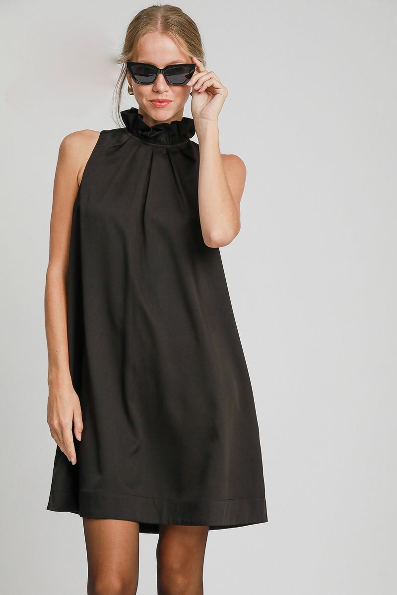 Umgee black sleeveless dress with ruffled mock neck