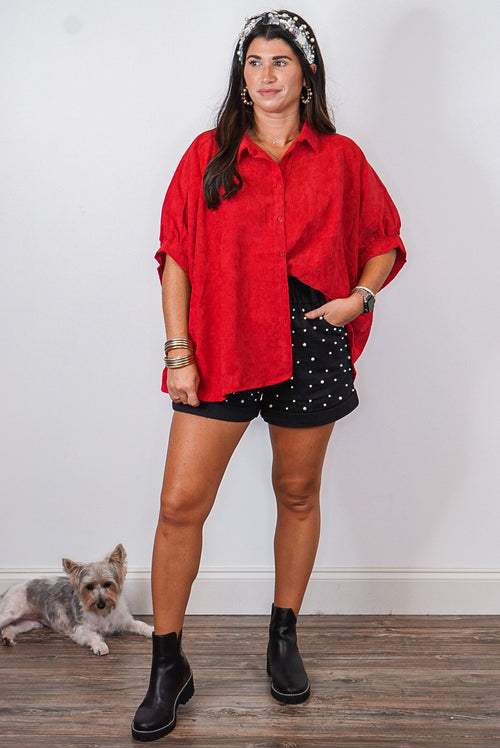 Red corduroy button down top