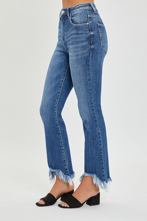 Risen Jeans high rise frayed hem ankle bootcut jeans in medium wash