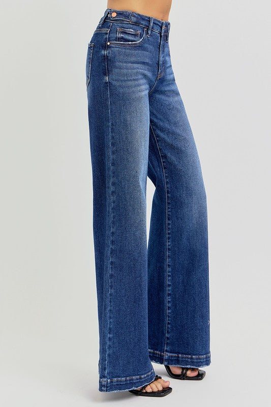 Risen Jeans dark wash denim jeans with tummy control and adjustable waist showing side view