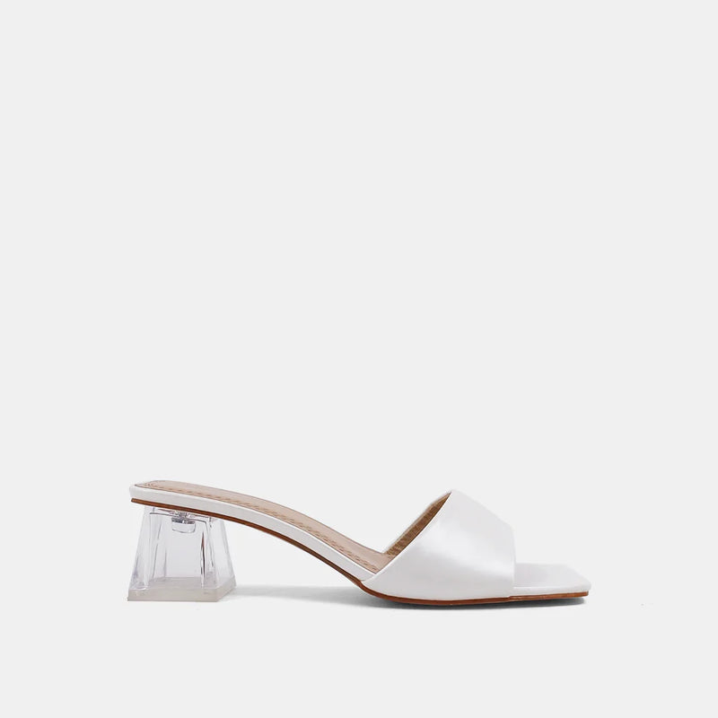 Shu shop Fergie pearl white with clear kitten heal sandals