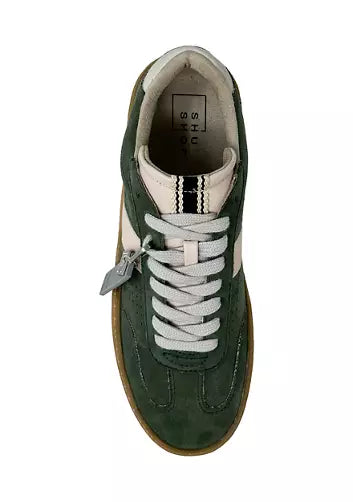 Shu shop Green sneaker with pink stripe and brown sole, top view