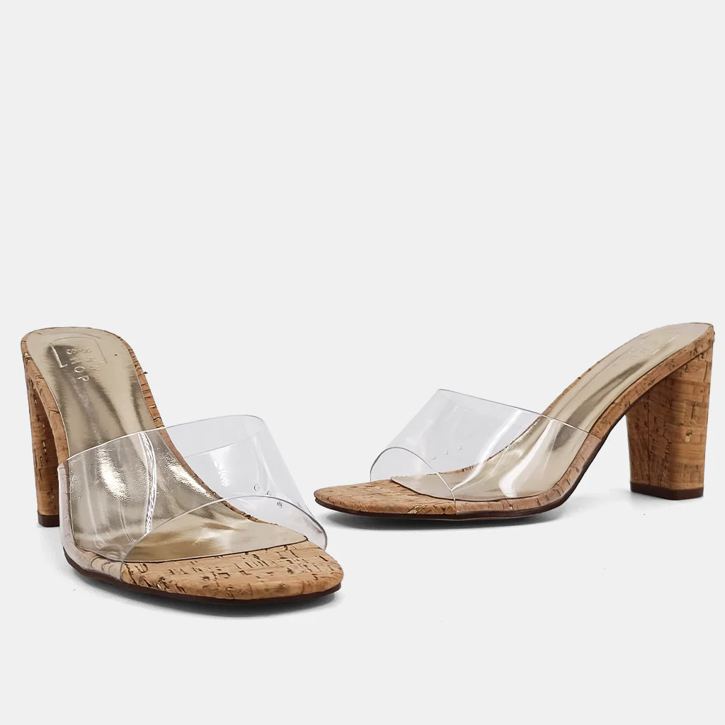 Shu Shop Frida gold cork clear strap heeled sandals