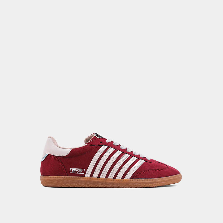 Shu Shop Stevie burgundy sneaker with white stripes side view