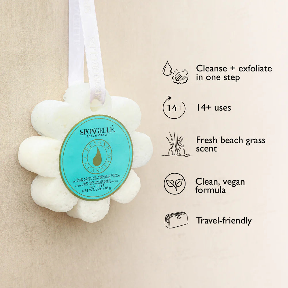 Spongelle bath sponge with features listed 