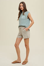 Wishlist Sweater knit sage top with stone shorts 