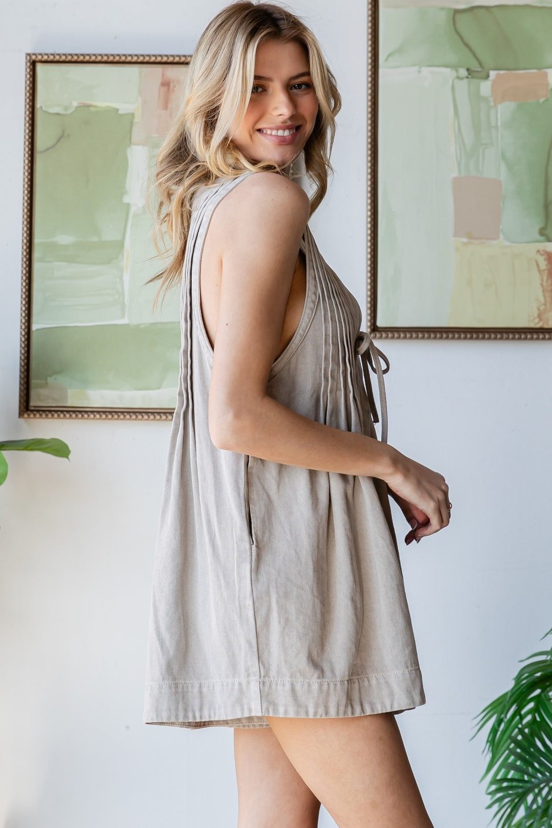 Women's taupe denim sleeveless romper