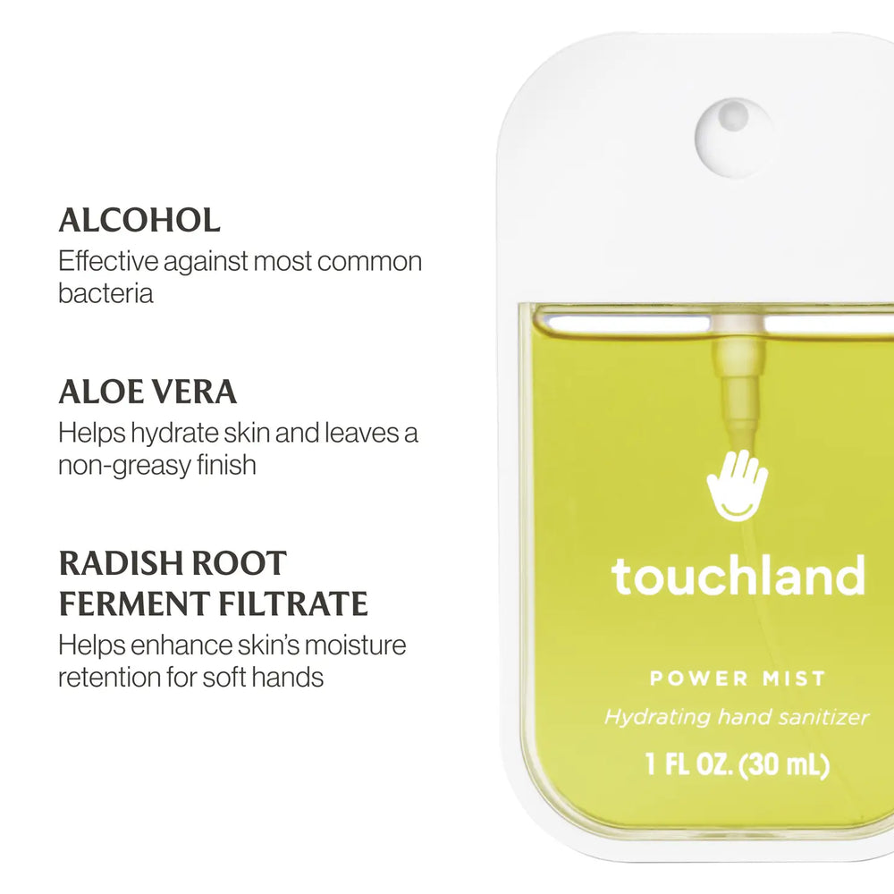 Touchland power mist hand sanitizer packaging with ingredients listed on a white background
