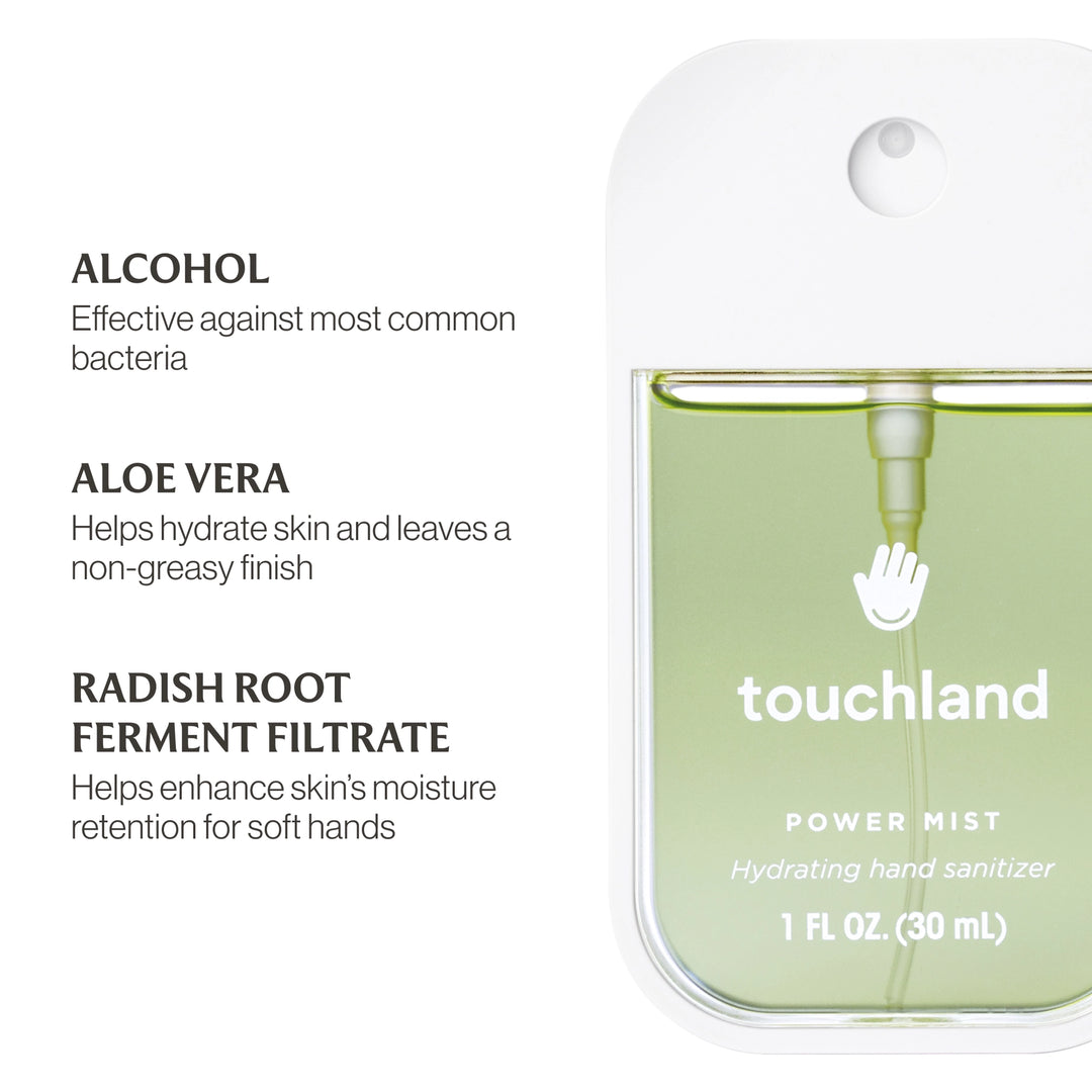 Touchland power mist hand sanitizer with ingredients listed on a white background