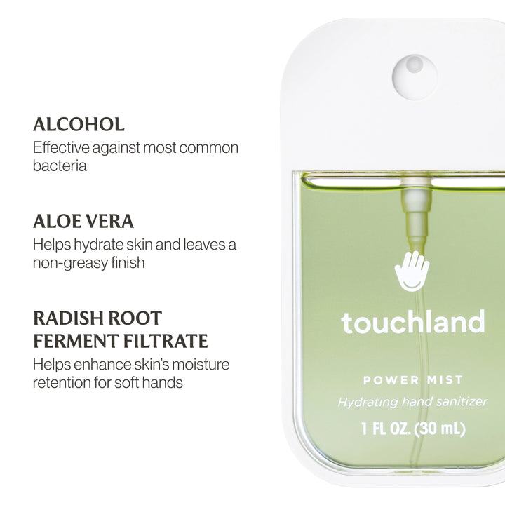 Touchland power mist hand sanitizer with ingredients listed on a white background