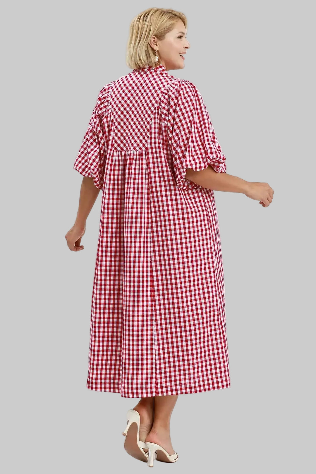 Umgee plus size deep red and off-white gingham print maxi dress with a flattering silhouette