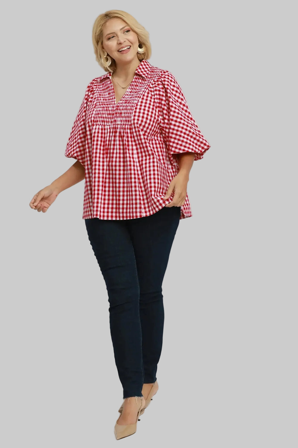 Umgee plus size top in crimson and off white gingham checkered print with smocked bodice