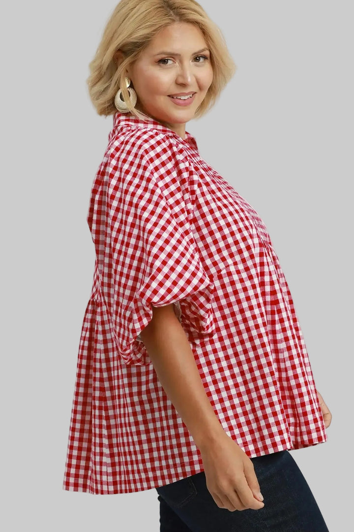 Umgee plus size babydoll top in crimson and off white gingham checkered print with puff sleeves