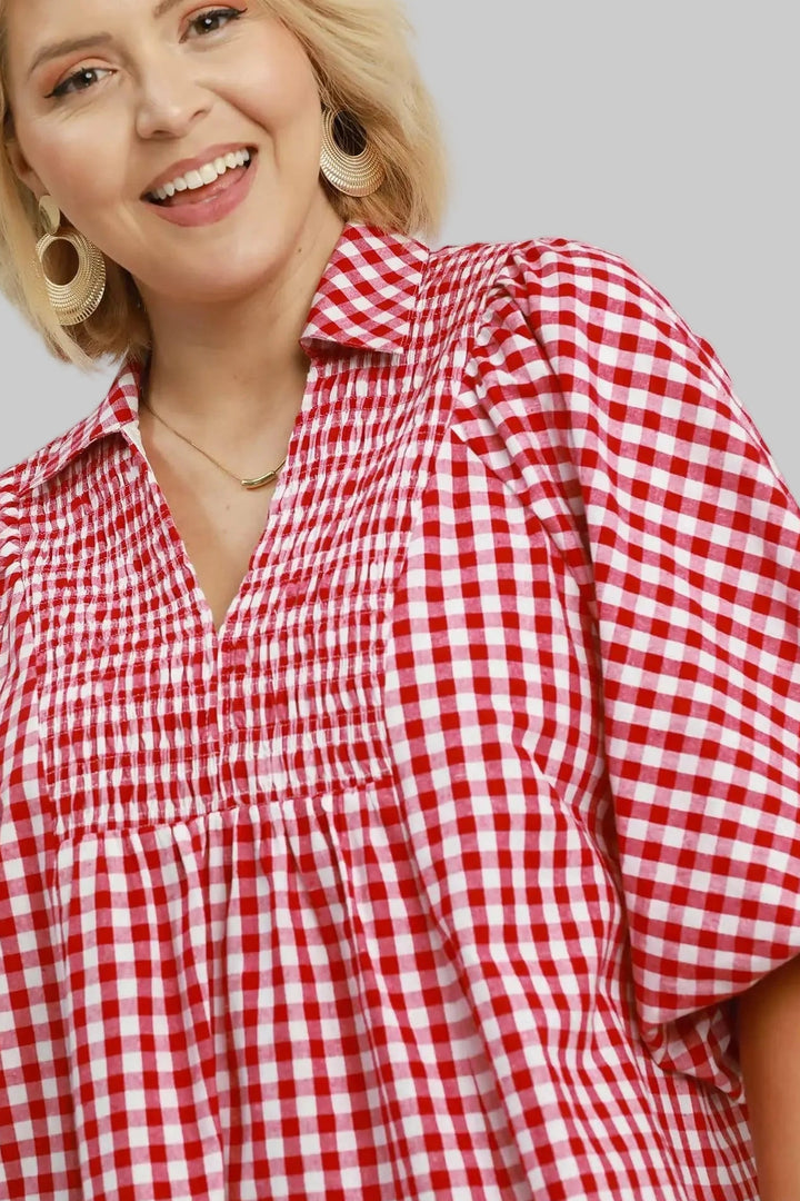 Umgee crimson and off white gingham print babydoll top in plus size