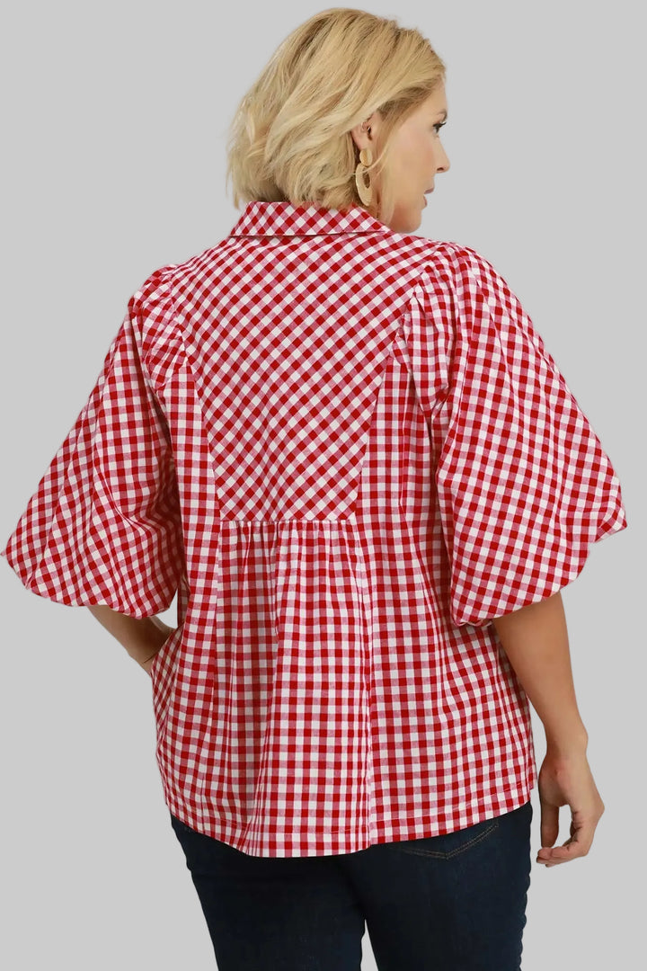 Umgee plus size babydoll top in crimson and off white gingham checkered print with flattering fit