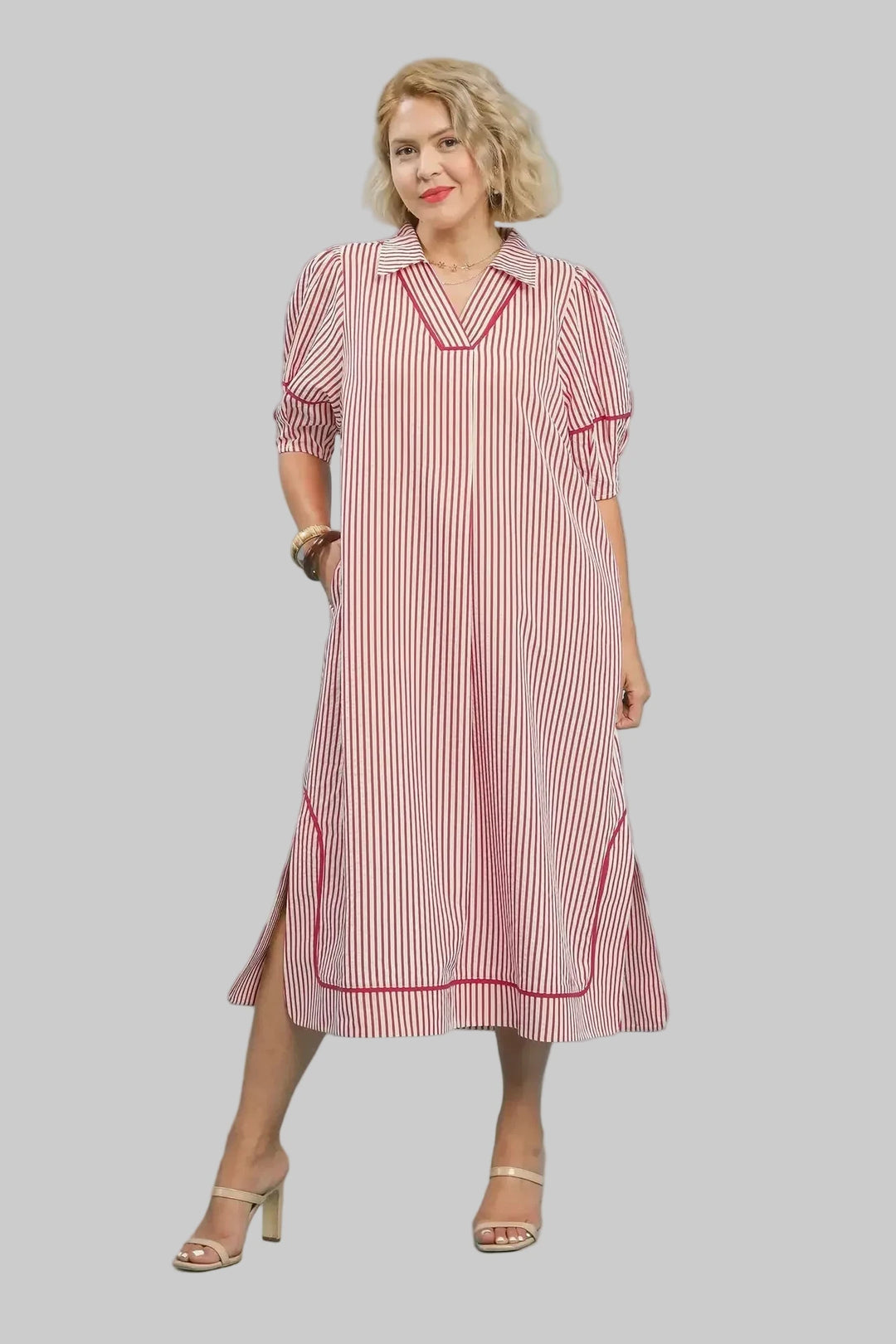 umgee plus size raspberry pink and white striped midi dress with pockets