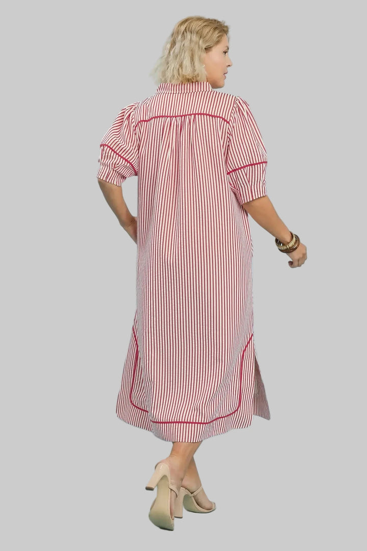 umgee plus size raspberry pink and white striped midi dress with pink piping details