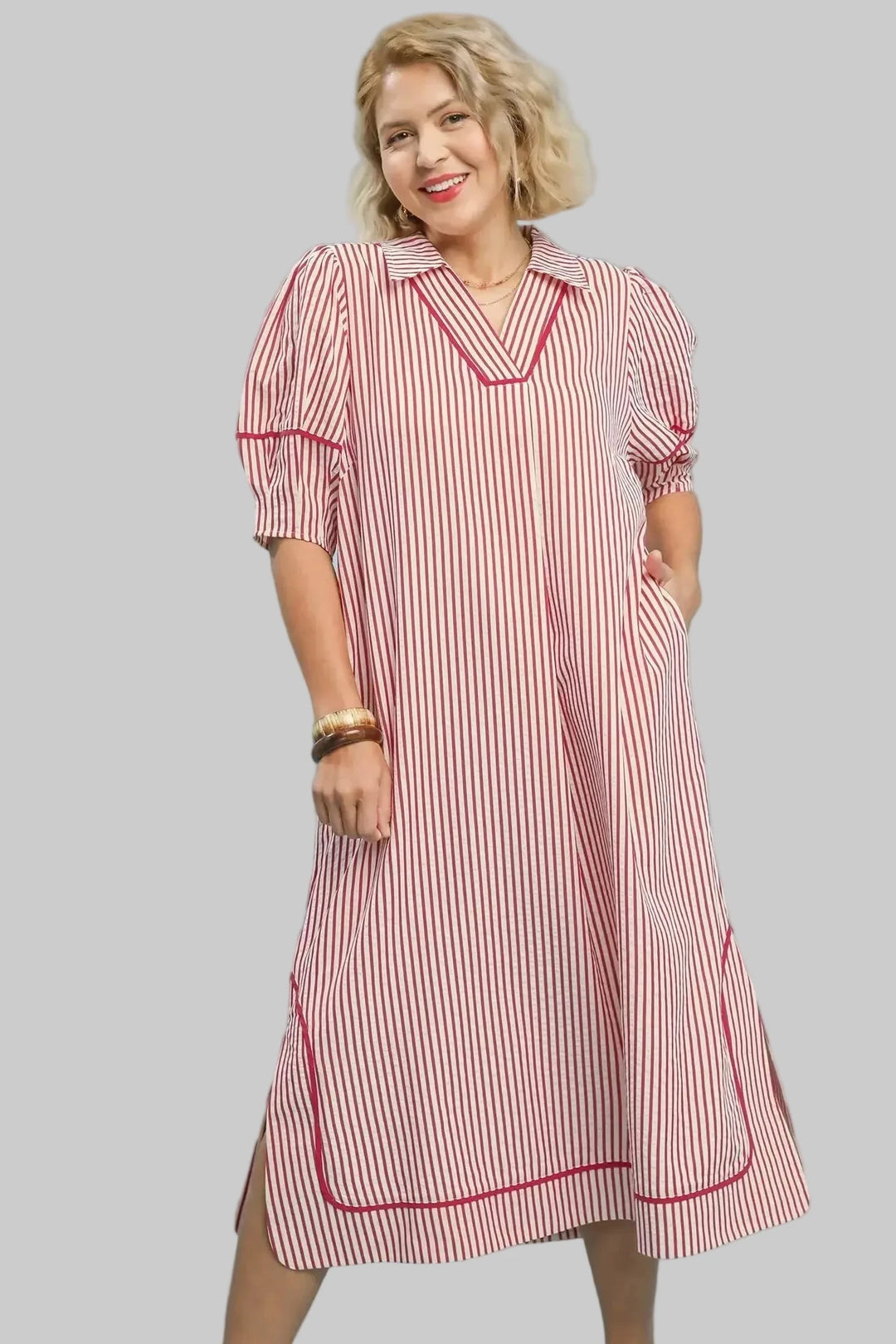umgee plus size raspberry pink and white striped midi dress