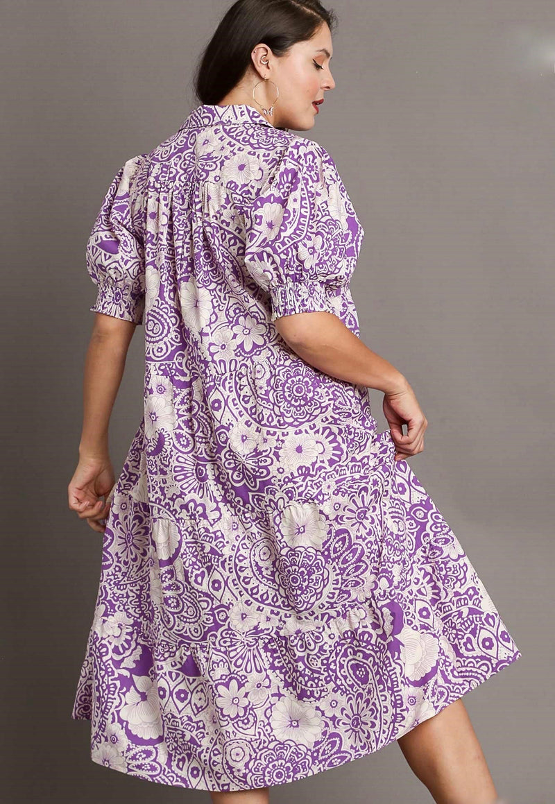 UMGEE Lavender and cream paisley floral print midi dress