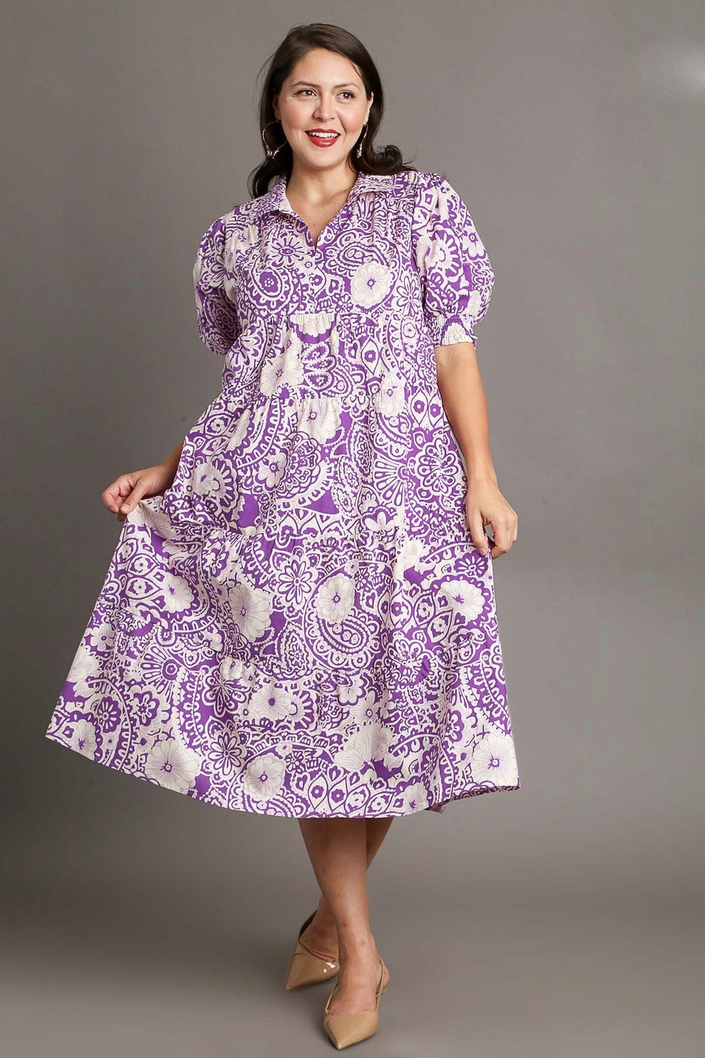 UMGEE Lavender and cream paisley floral print midi dress