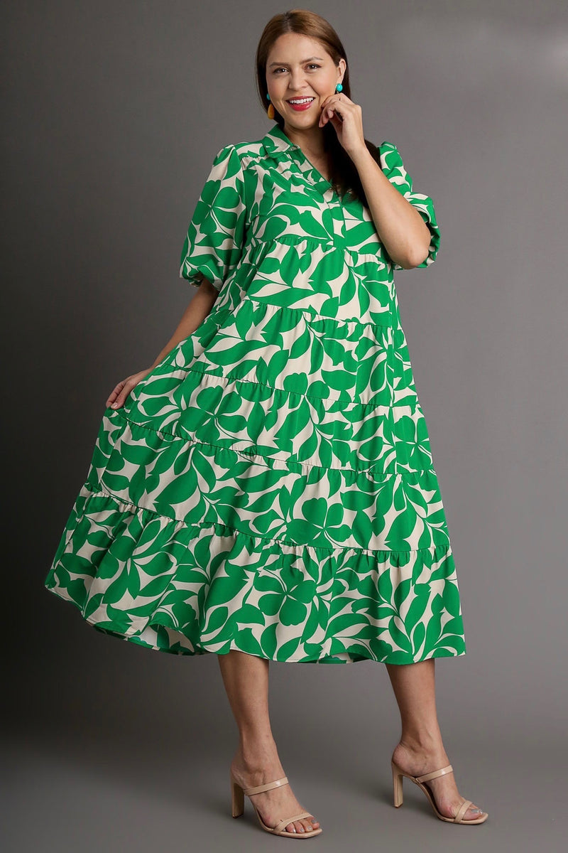 Umgee Plus Green and cream leaf print tiered midi dress