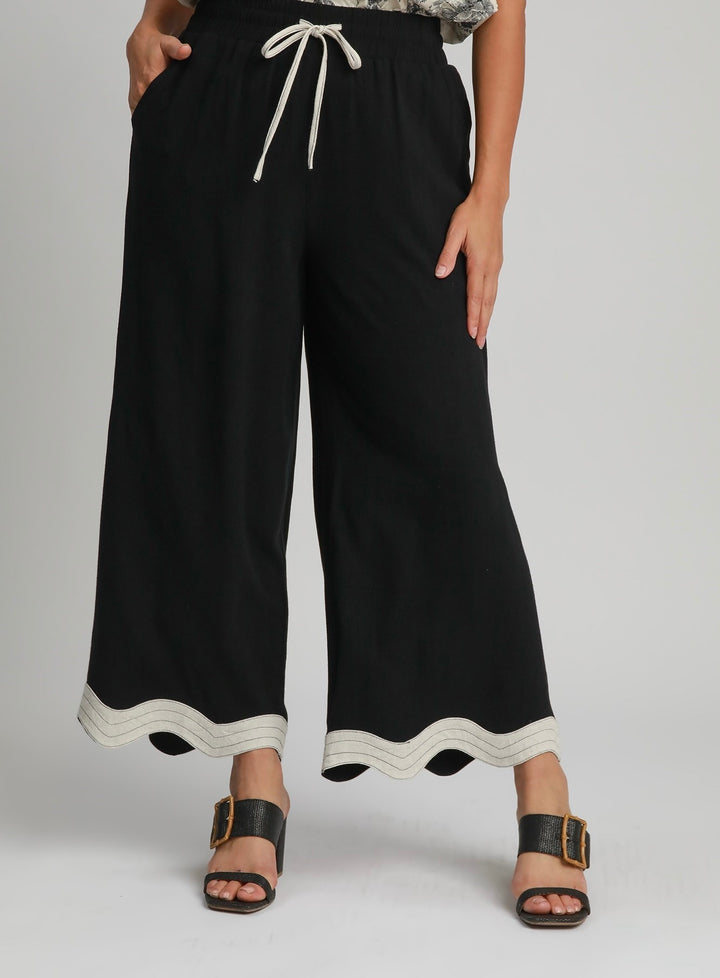 Umgee linen scalloped pants in plus, close up front view