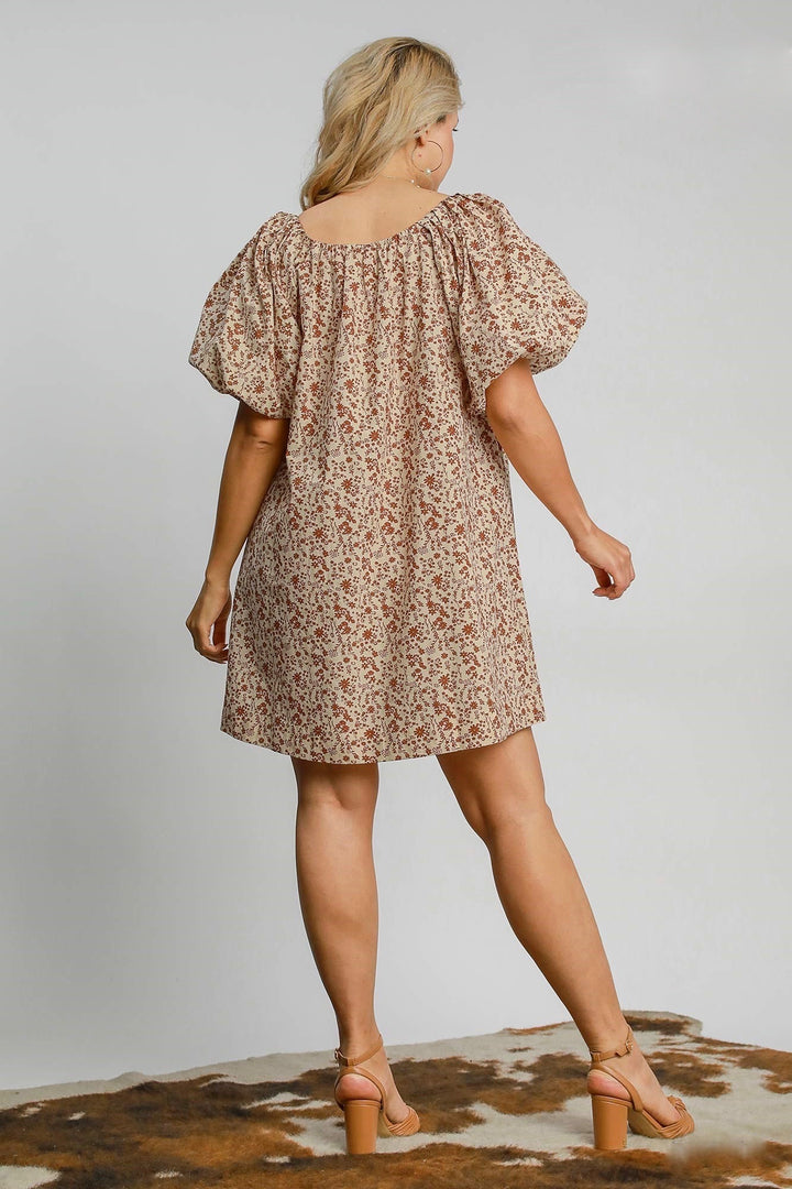 Umgee Plus beige puff sleeve dress with brown floral print