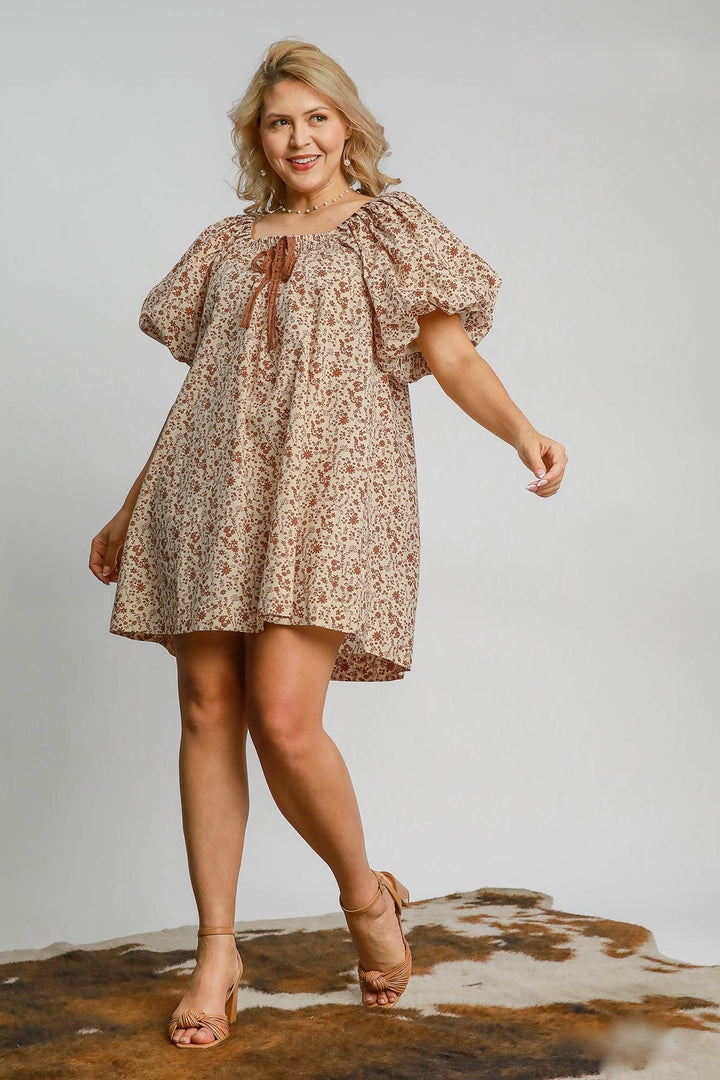 Umgee Plus beige puff sleeve dress with brown floral print