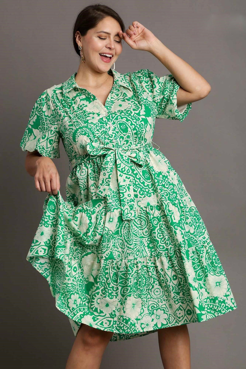 UMGEE Plus Green and cream paisley floral print tiered midi dress with tie at waist