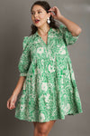 UMGEE Green and cream paisley floral print tiered babydoll dress