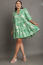 UMGEE Green and cream paisley floral print tiered babydoll dress