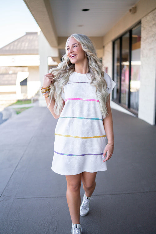 spring sequin stripe shirt dress