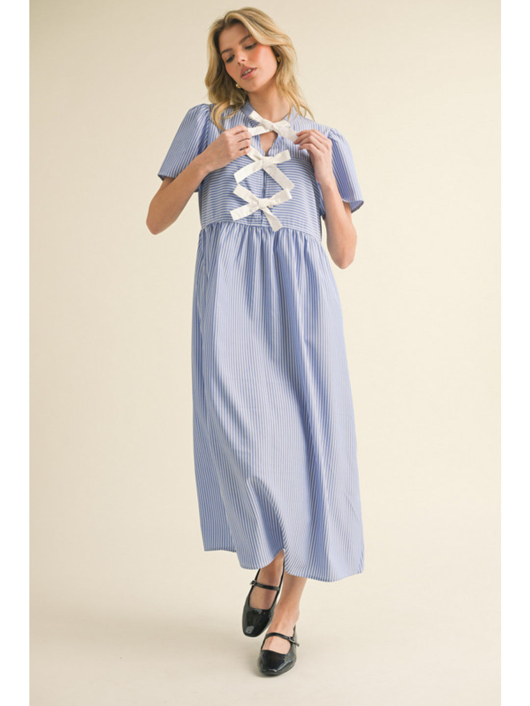 Blue Striped Bow Midi Dress