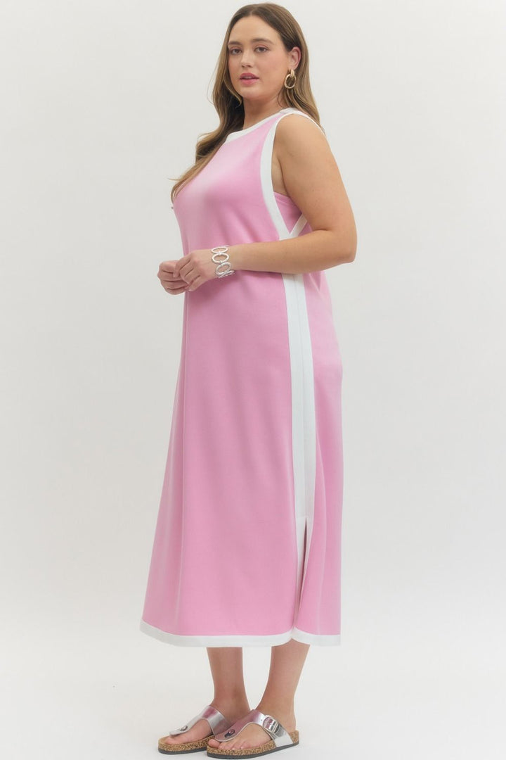 Women's plus size pink and white trimmed casual midi dress for summer occasions 