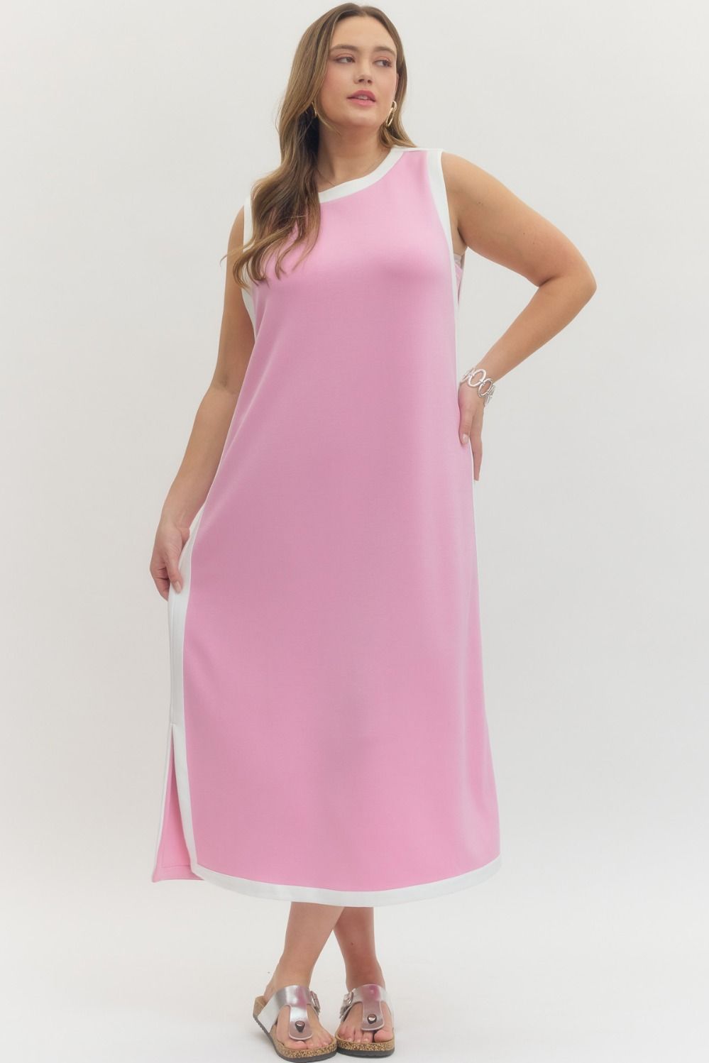 Women's plus size pink and white trimmed scuba midi dress