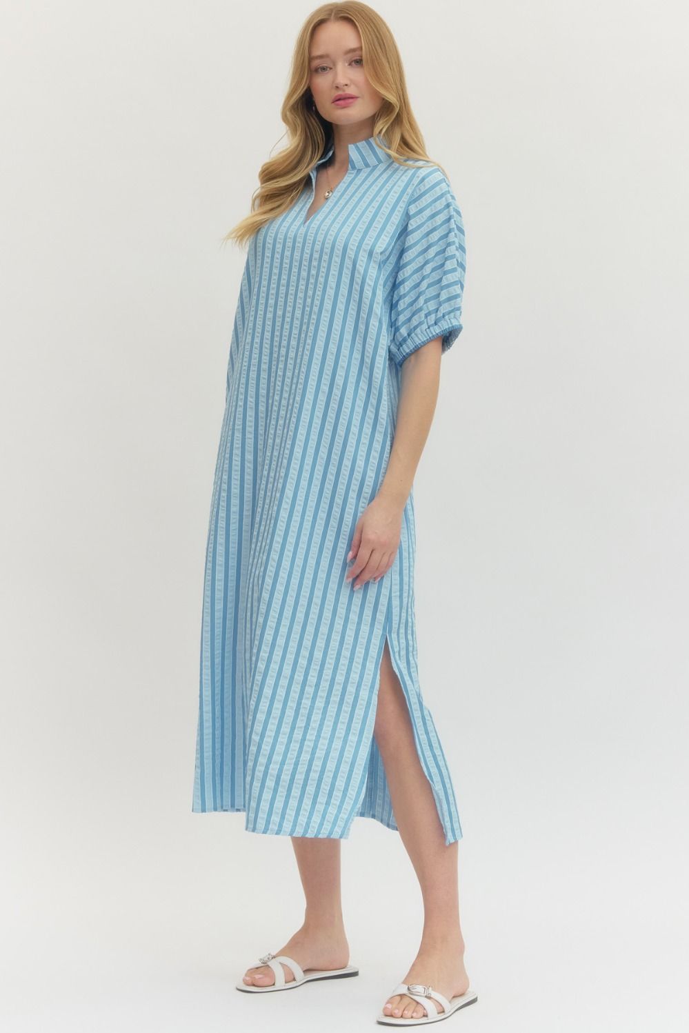 Plus size blue striped Easter dress with a pop collar